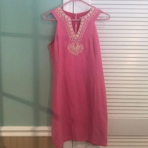 Beautiful pink shift dress, gold embroidery